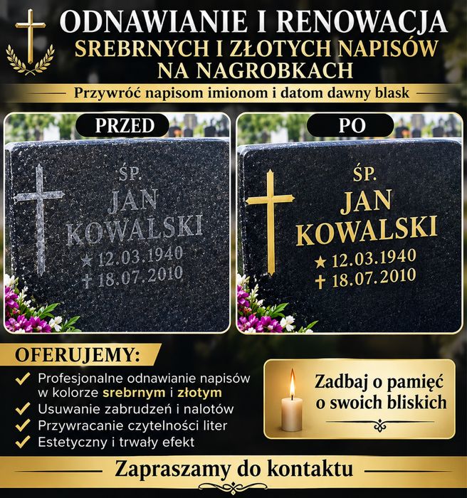 Odnawianie i renowacja napisów na nagrobkach, sprzatanie grobów