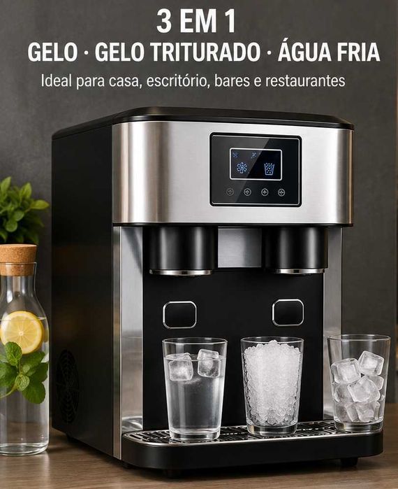 Máquina de Gelo 3 em 1 ZBS-15 – Gelo, Gelo Triturado e Água Fria | Nova