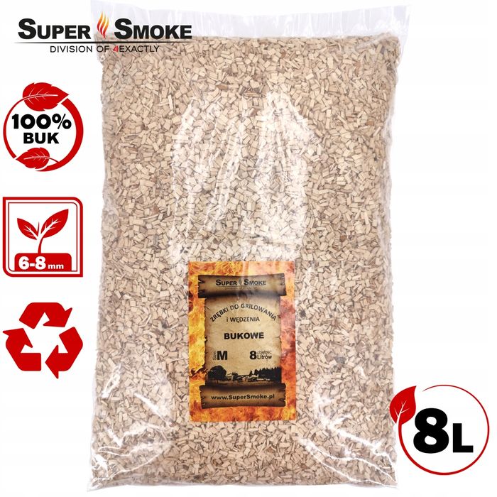 Zrębki Wędzarnicze Super Smoke BUK KL-08 (6-8mm) Medium 8 Litrów