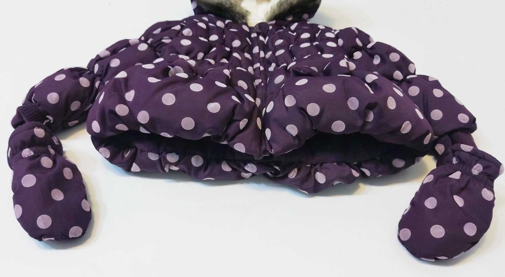 56 62 M&S 2w1 Kurtka zimowa + Rękawiczki Ciepła Kaptur Futro Fioletowa