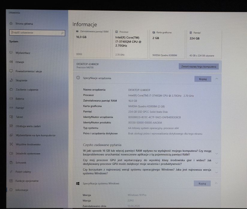 Dell precision m6700 i7 16gb 240gb ssd win 10 pro fullhd