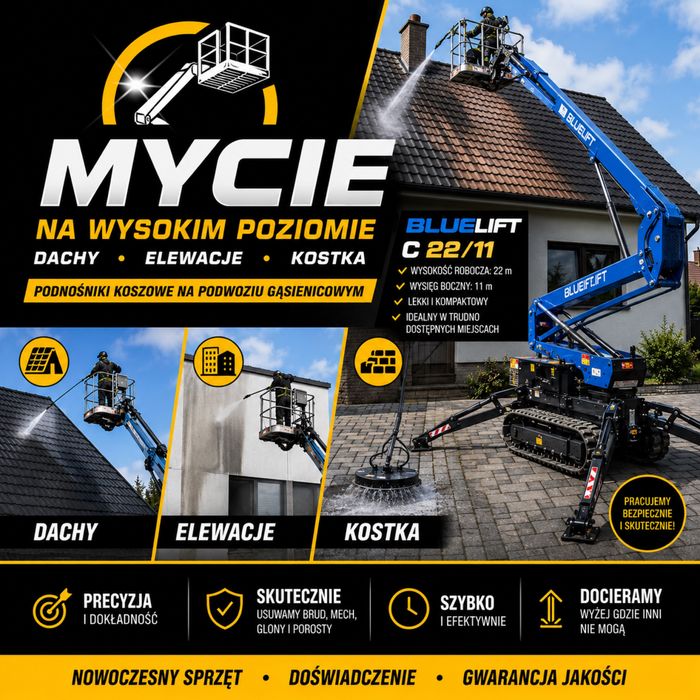 Mycie dachów i elewacji z podnośnika koszowego