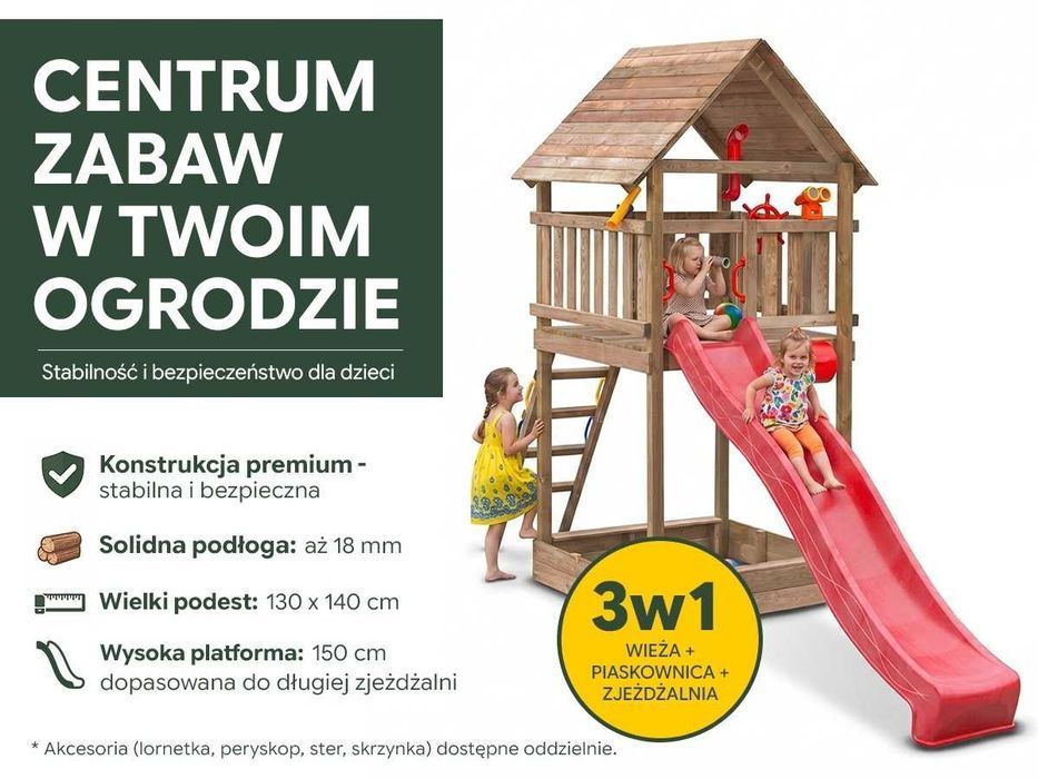 Wieża zabaw ze zjeżdżalnią i piaskownicą - Duża Platforma - 1,8m2