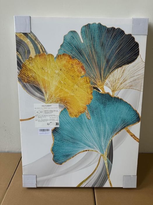 Obraz Ścienny Złote Liście Drewniana Rama 50x70 cm Zestaw 3 Sztuki