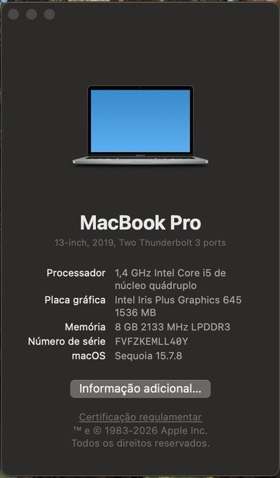 MacBook Pro 13" 2019 i5 Quad-Core | 8GB RAM | 128GB SSD | Estado Impecável
