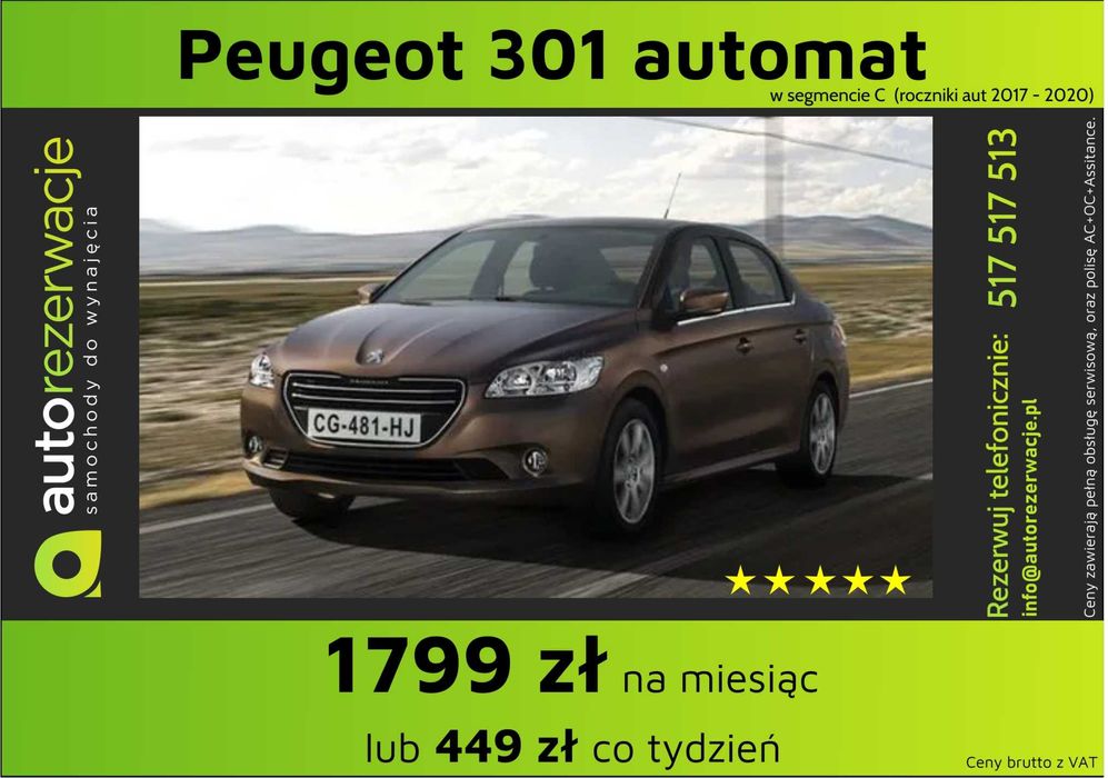 Wynajem wypożyczenie samochodów/aut za 1299 za 30 dni lub 335 co 7 dni