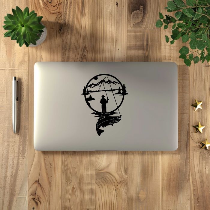 Naklejka WĘDKARZ RYBA - 16x12cm - na telefon, laptop, samochód