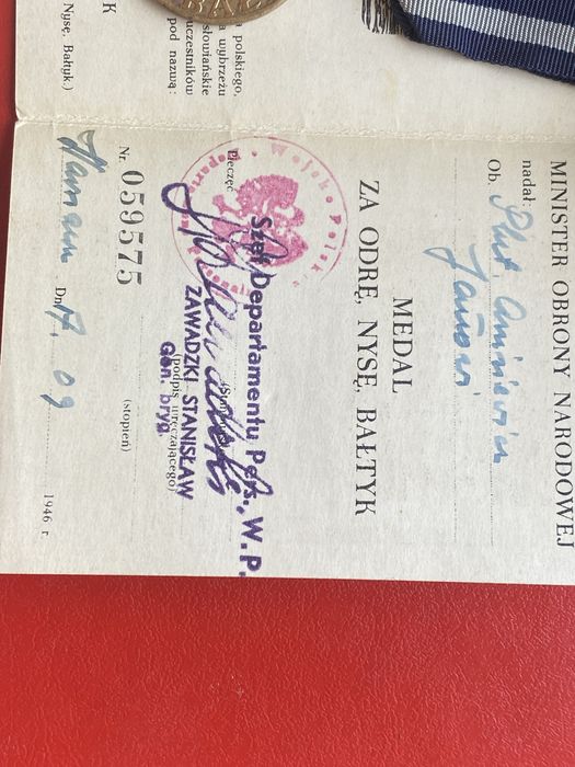 Za Odrę Nysę Bałtyk z nadaniem 1946 r.podpis Generał
