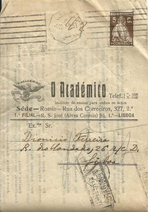 Colégio O ACADÉMICO - Folheto publicitário antigo 1929 - selo ceres - filatelia