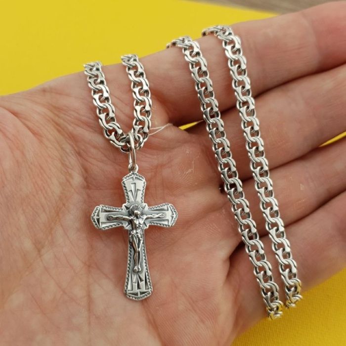 Хіт продаж! Чоловічий ланцюг срібло 925 і хретик комплект