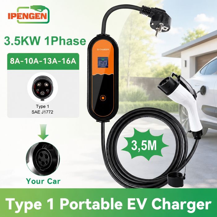 Зарядний пристрій EV Charger Type 1 J1772 16A 3.5kW 3.5м/5м IPENGEN регулювання 8-16A LCD екран відкладений старт 0-8 годин