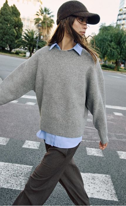 Zara L 40 sweter z miekkiej dzianiny wełna akryl szary basic