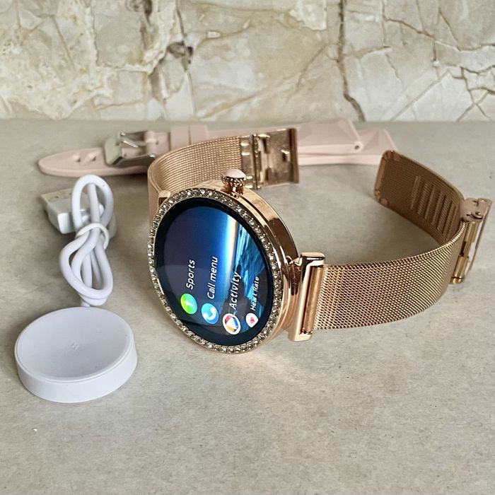 Smartwatch nowy design okrągly diamond  złoty rozmowy kobieta Bluetooth Call sport ciśnienie