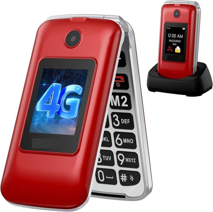CHAKEYAKE Telefon z klapką dla seniorów Czerwony
