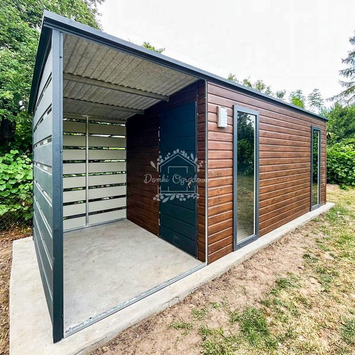 Domek Ogrodowy 4,5x2,5m + Wiata 1,5m Drewnopodobny antracyt ID802