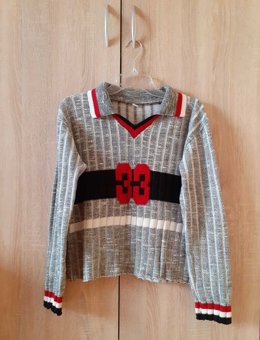 36 38 Sweter szary melanż wzory pasy liczba bawełna '90s Y2K vintage