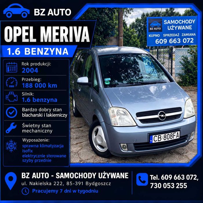 OPEL MERIVA 2004r 1.6 benzyna 188tyś km brak korozji SPRAWNA KLIMATYZACJA Alufelgi Zadbany
