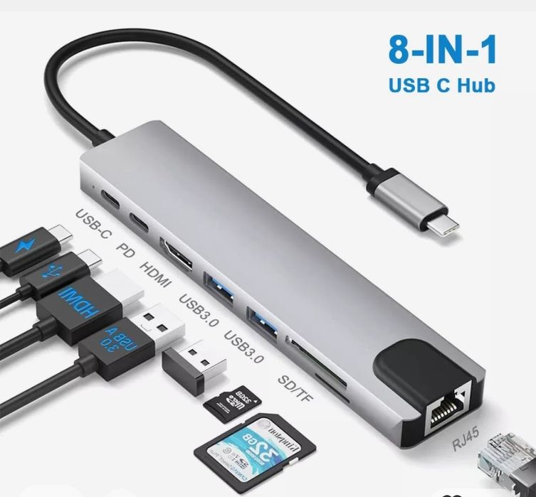 Hub хаб концентратор usb RJ45 с type c , 8 в 1 Macbook и др. Type C ...
