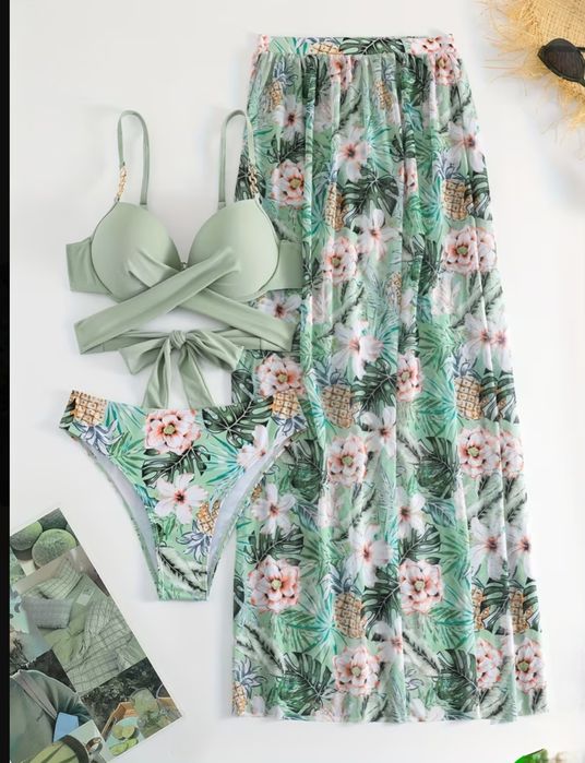 L Strój bikini kąpielowy 3 częściowy miętowy  plażowy
