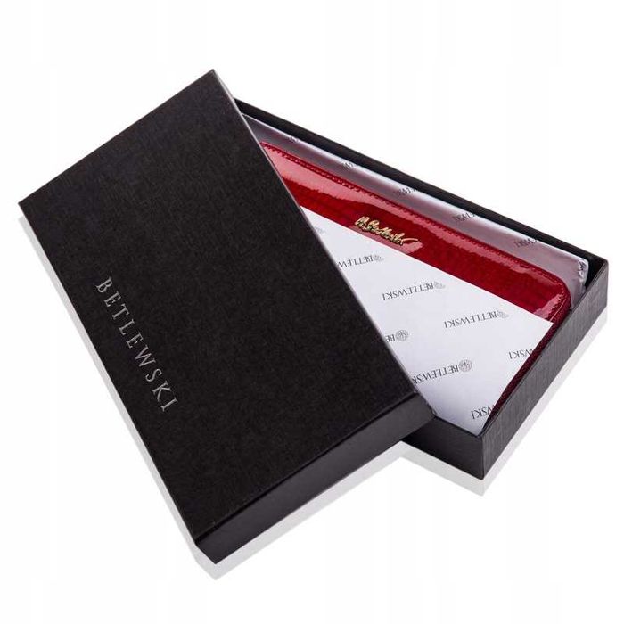 Portfel damski Betlewski skórzany lakierowany RFID czerwony na zamek