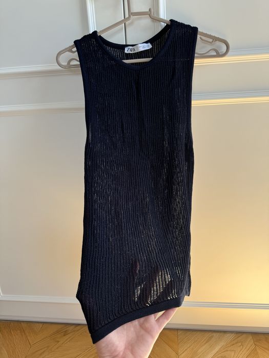 granatowy top dzianinowy zara bluzka azurowa z siateczki na lato