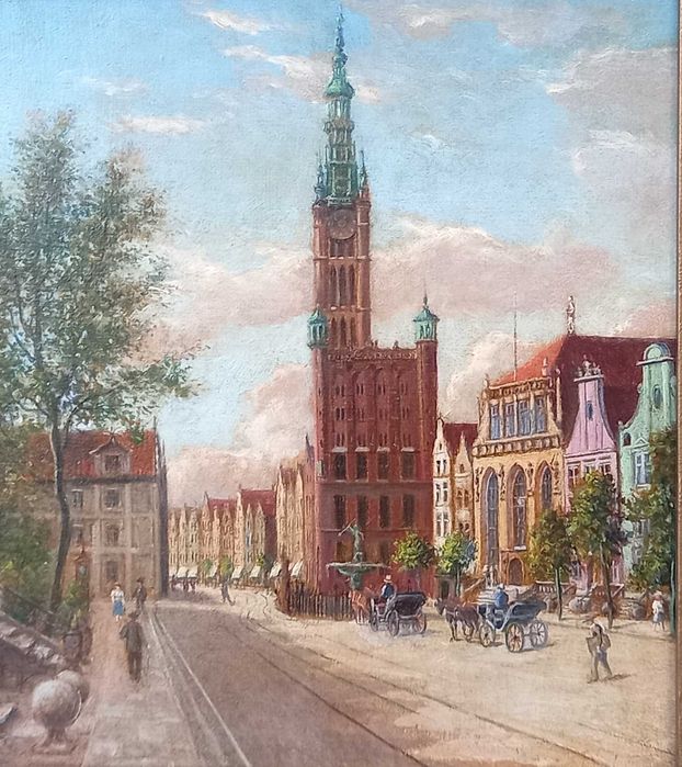 "Gdańsk", olej/płyta, sygnatura nieczytelna, przedwojenne malarstwo