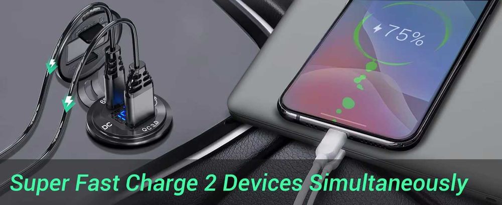 Врізна автомобільна  швидка турбо зарядка QC 3.0 з вольтметром Для смартфонів планшетів і т.д.
