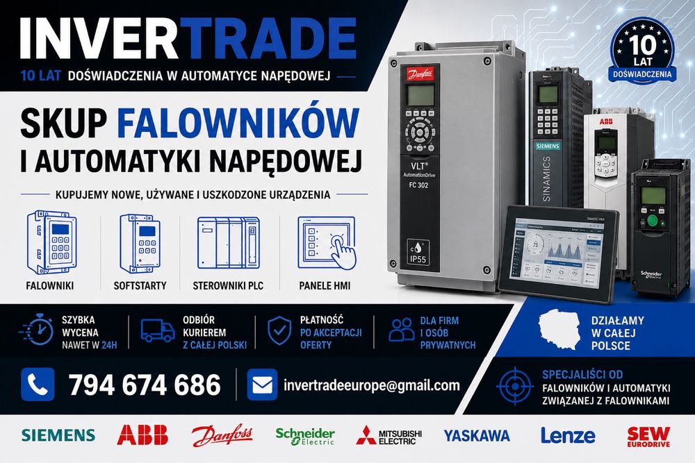 SKUP FALOWNIKOW UZYWANYCH I USZKODZONYCH Siemens ABB Danfoss Schneider Lenze PLC HMI Softstarty Nadwyzki Magazynowe Demontaze Serwis VAT  GWARANCJA
