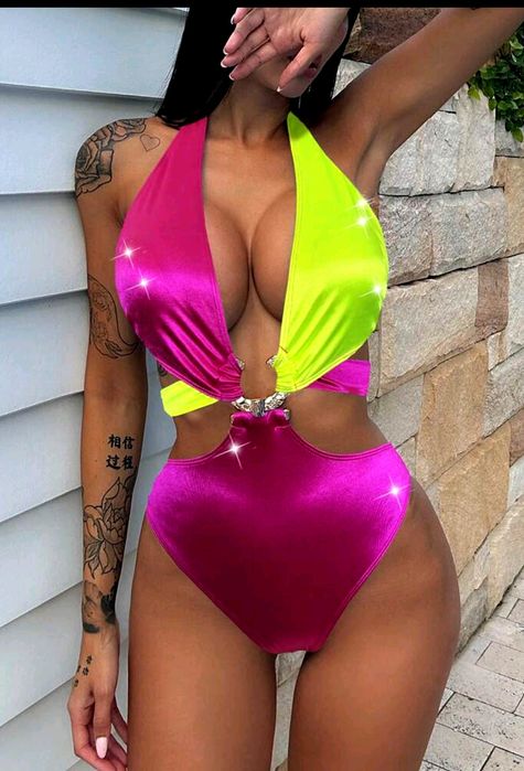 Bikini strój kąpielowy jednoczęściowy neon limonka różowy