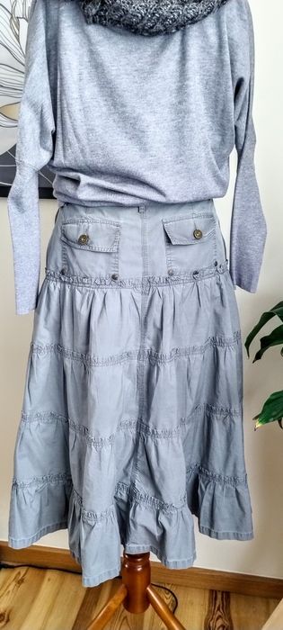 Szara, bawełniana spódnica maxi, falbanki, bawełna