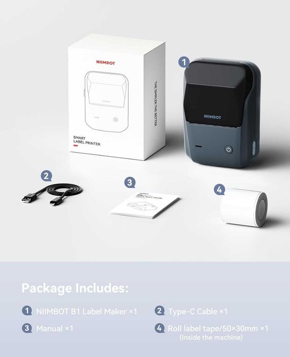 Термопринтер етикеток чеків Niimbot B1 Bluetooth/USB + рулон 50х30 мм