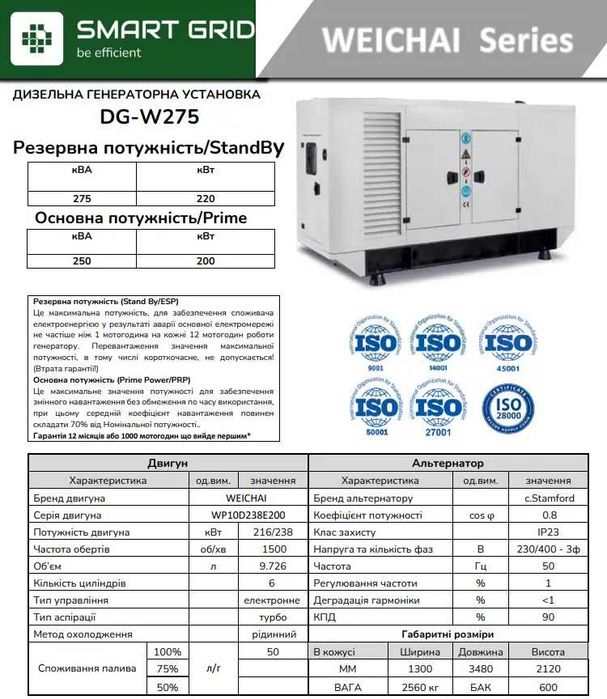 Генератор дизельний 275 кВА [200 кВт ном. потужність] з двигуном WEICHAI