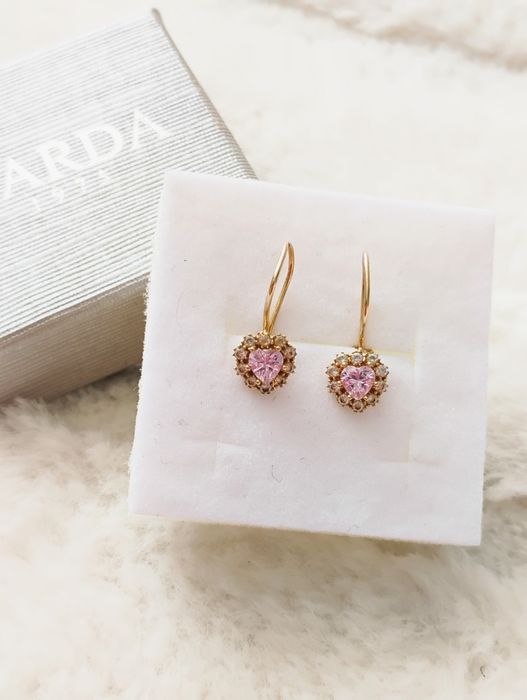 Złote kolczyki z różowym sercem i cyrkoniami próba 585