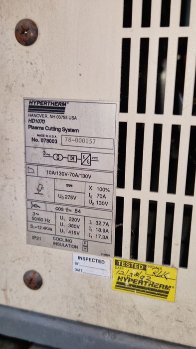 Przecinarki plazmowe 2szt 200A Hypertherm HD 4070.