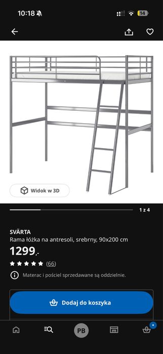 Łóżko antresola IKEA SVÄRTA 90x200 cm – srebrne