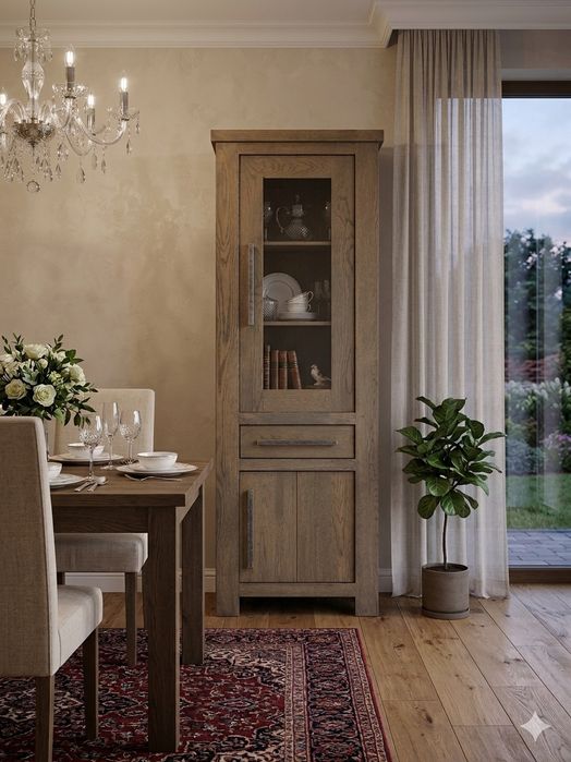 Solidna Witryna Dębowa 210 cm – Lity Dąb, Przeszklona, Stan Idealny.