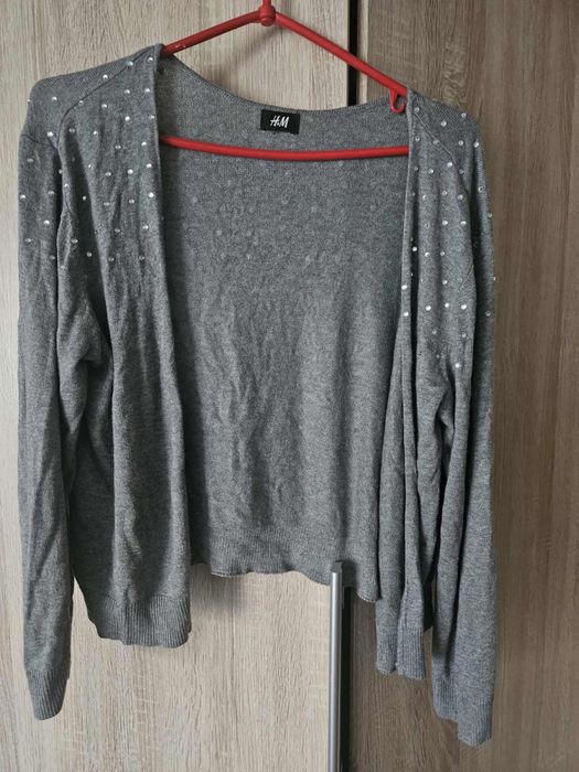 Sweterek szary kardigan H&M z ozdobnymi oczkami błyszczącymi