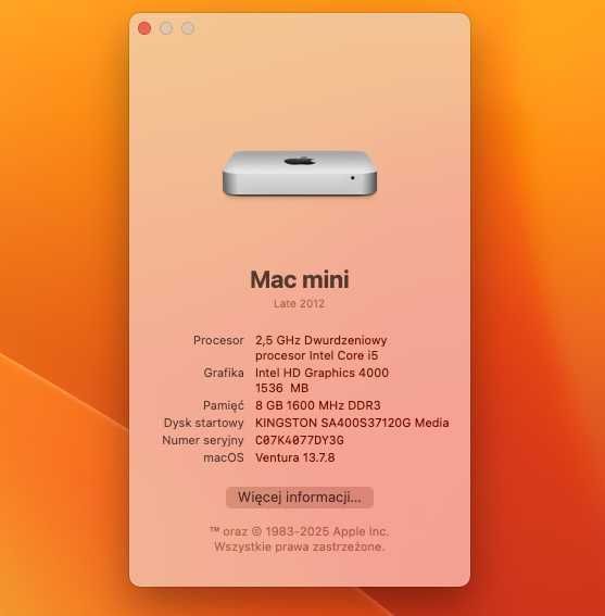 Mac mini – i5 2,5GHz, 8GB RAM, SSD 120GB, Sprawny, 30 dni gwarancji