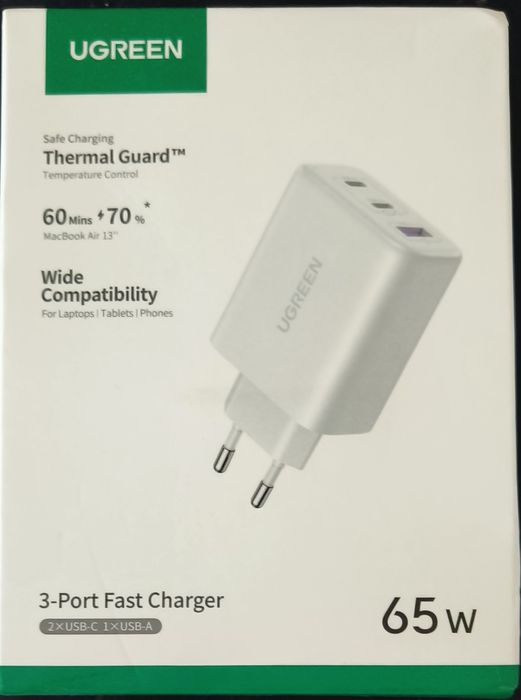Зарядні Ugreen 30w ,45w, 65w 3 port Gan fast charger з кабелем