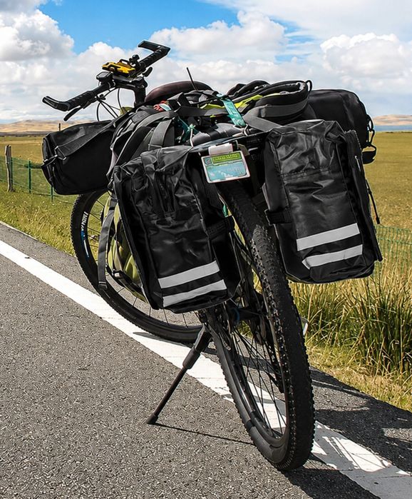 Sakwa rowerowa podwójna tylna na bagażnik 25L, czarna, z odblaskami