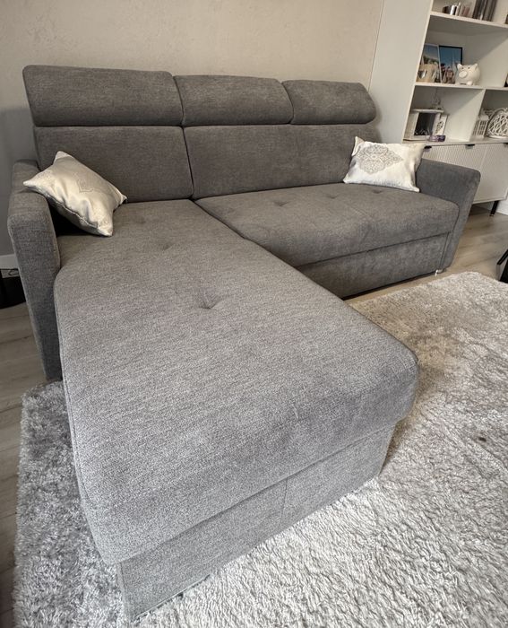 szary narożnik z funkcją spania, regulowanie oparcia,mozliwosc zmiany stron