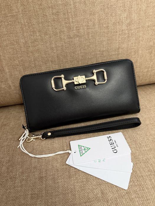 Guess oryginalny nowy duży portfel czarny złote logo ozdobna klamra do torebki wallet pudełko