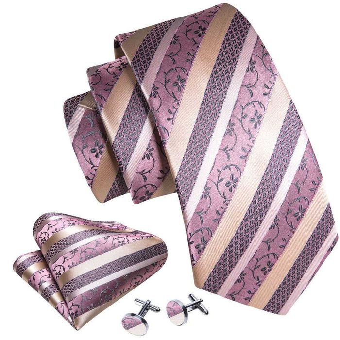 Komplet JEDWABNY Krawat Poszetka Spinki różowy złoty beż