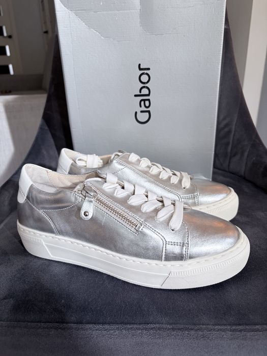 Sneakersy damskie srebne skorzane Gabor 37,5 wiazane na jesien