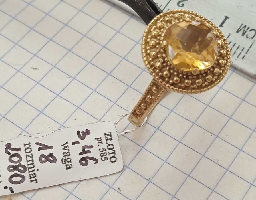 Pierścionek z naturalnym cytrynem W1 Złoto 585 NOWE R.18