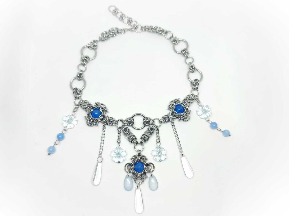 Choker naszyjnik handmade z akwamarynem szkłem Stal chirurgiczna
