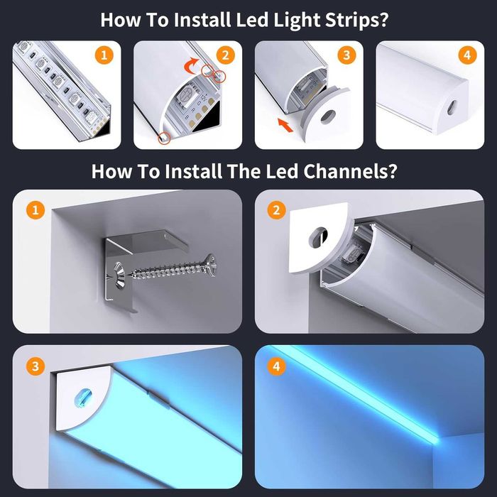 Perfil de Alumínio LED Chesbung 1M com Difusor Branco Creme | Canal para Fita LED com Tampas e Clips de Fixação | Kit 20 Peças
