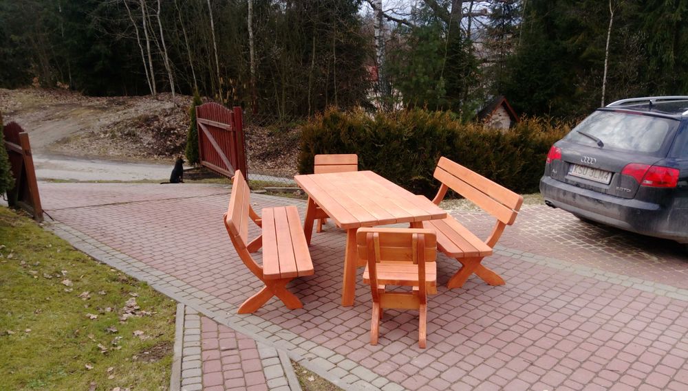 Komplet ogrodowy, Meble ogrodowe, ławy, stoły, domek narzędziowy