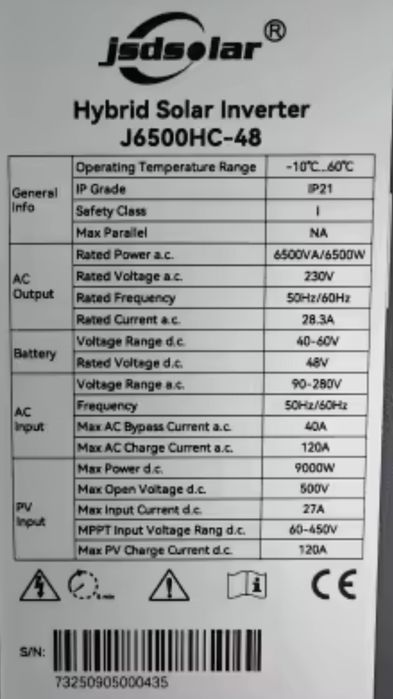 Гібридний інвертор 6,5кВт 48V MPPT 120A чистий синус wifi