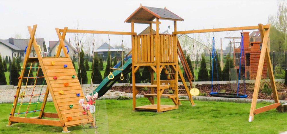 Plac zabaw: Wieżyczka/Domek, ściana wspinaczkowa, huśtawka, Do 14 dni!